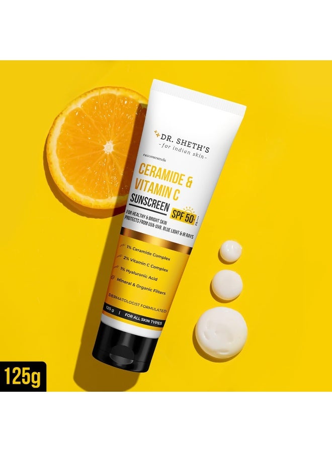 Dr. Sheth's Ceramide & Vitamin C Sunscreen | SPF 50+ Pa+++ | In-Vivo Tested | For Bright Skin & Healthy Glow | Non-Greasy, Quick-Absorbing, No White Cast | UVA/B & Bluelight Protection | For Men & Women | For All Skin Type | 125 g - Image 3