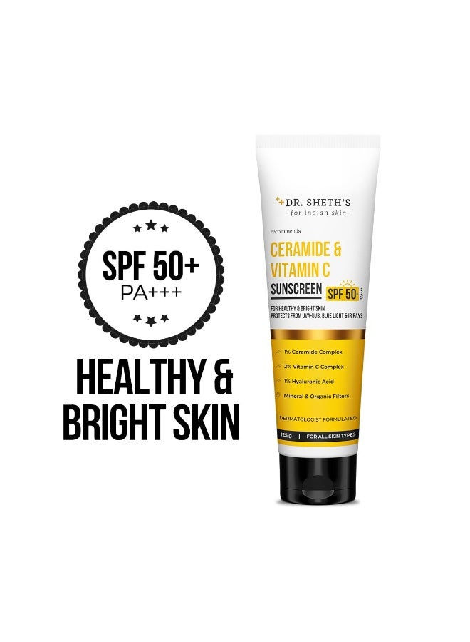 Dr. Sheth's Ceramide & Vitamin C Sunscreen | SPF 50+ Pa+++ | In-Vivo Tested | For Bright Skin & Healthy Glow | Non-Greasy, Quick-Absorbing, No White Cast | UVA/B & Bluelight Protection | For Men & Women | For All Skin Type | 125 g - Image 2