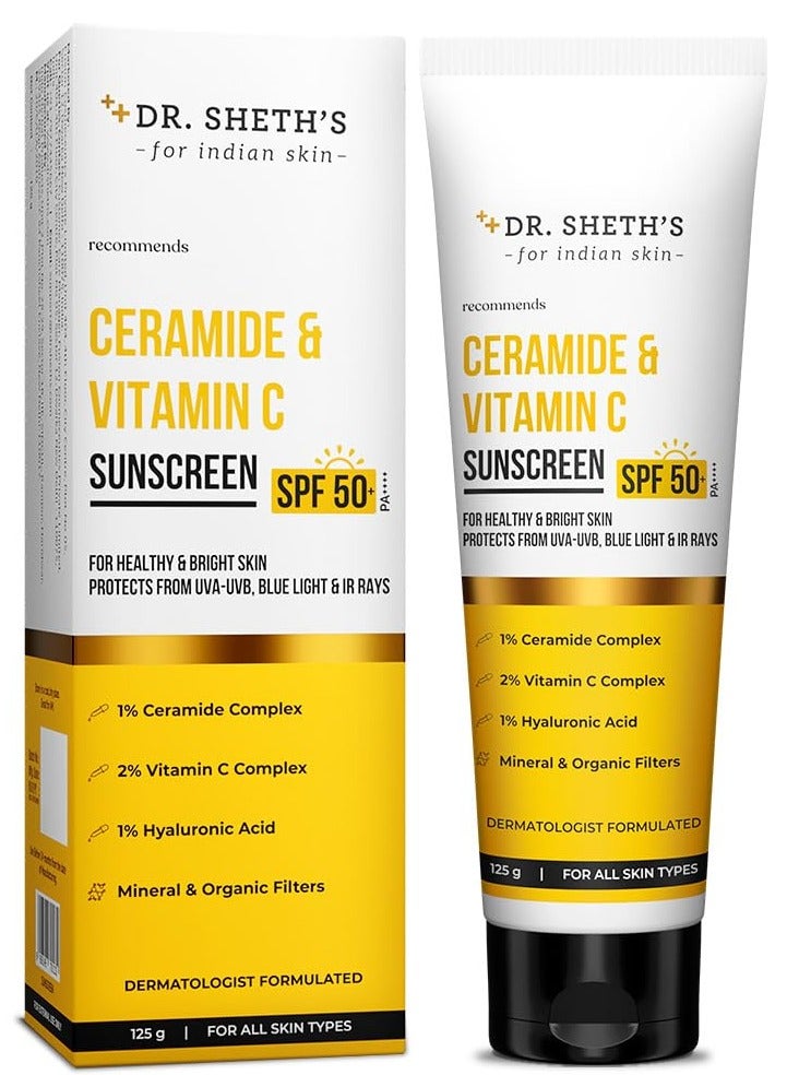 Dr. Sheth's Ceramide & Vitamin C Sunscreen | SPF 50+ Pa+++ | In-Vivo Tested | For Bright Skin & Healthy Glow | Non-Greasy, Quick-Absorbing, No White Cast | UVA/B & Bluelight Protection | For Men & Women | For All Skin Type | 125 g - Image 1