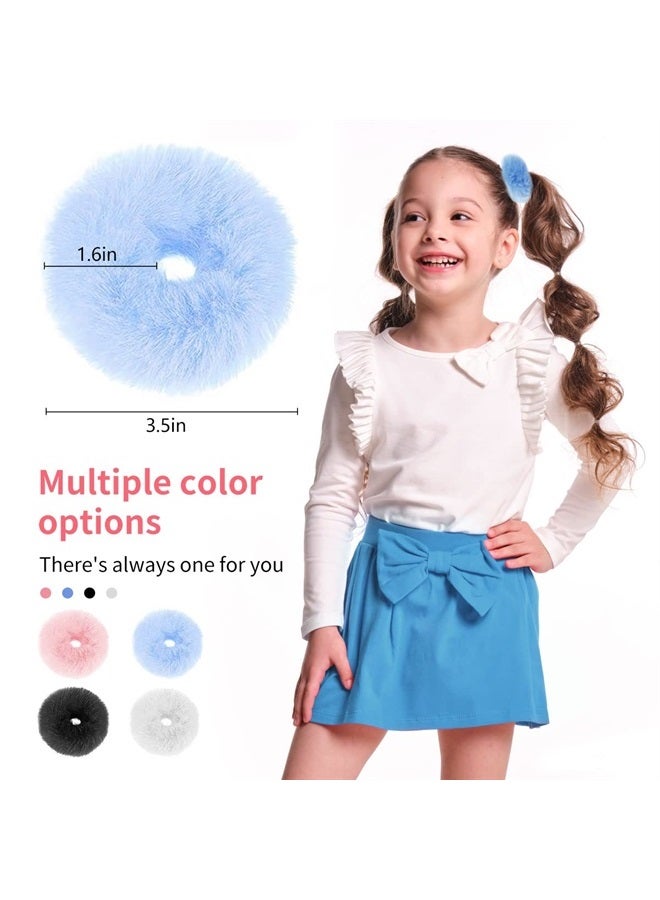 4 Pieces Fuzzy Scrunchies,Furry Fluffy Faux Fur Scrunchies,Pom Pom Hair Tie for Women Girls,Ponytail Holders Cute Elastic Pompom Hair Accessories Rabbit Furry Wristband Ropes Hair Band Set(4 Colors)