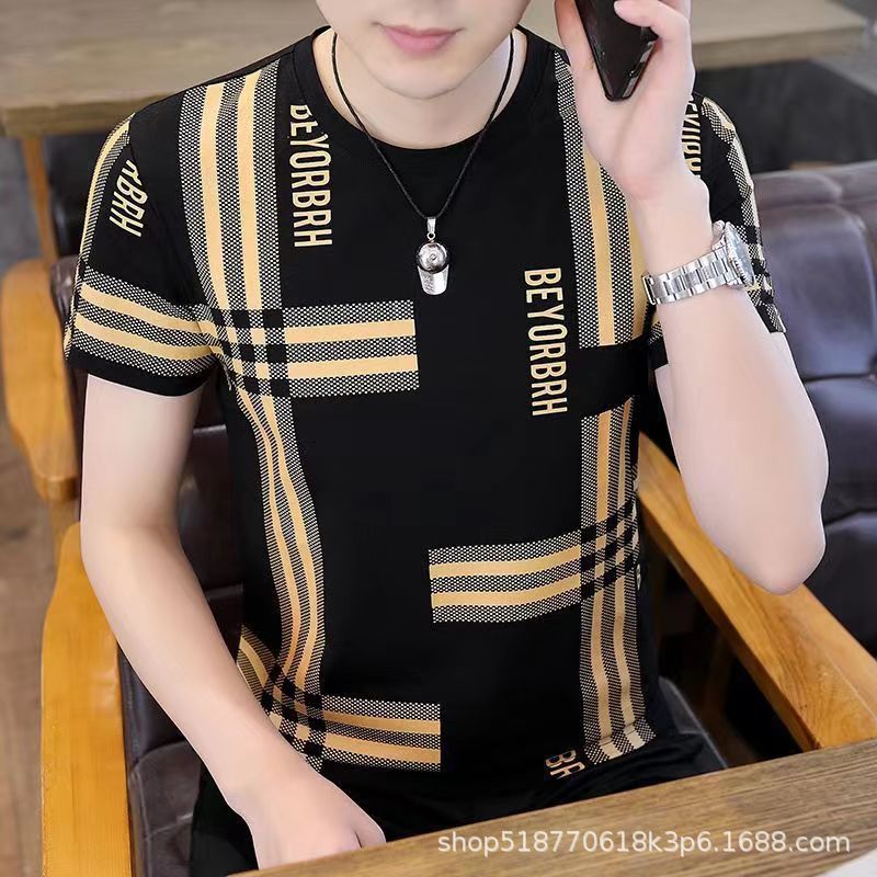Men'S Short-Sleeved T-Shirt Ice Silk Slim-Fit Trendy Printed Wrinkle-Resistant Youth Men'S Half-Sleeved T-Shirt - Image 2