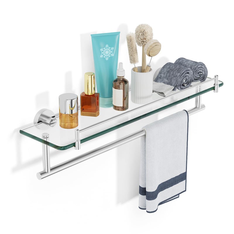 Koco & K KOCOK 20-Inch Tempered Glass Bathroom Shelf with Towel Bar - Brushed Nickel & Stainless Steel, Wall Mount Rustproof Tower Holder with Shelves - Image 1