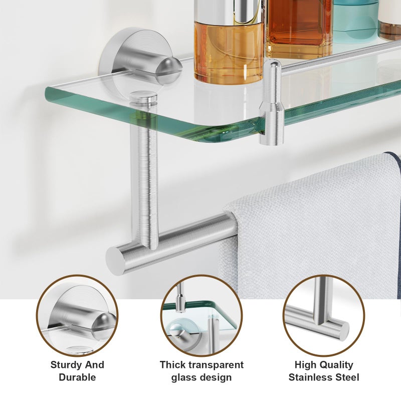 Koco & K KOCOK 20-Inch Tempered Glass Bathroom Shelf with Towel Bar - Brushed Nickel & Stainless Steel, Wall Mount Rustproof Tower Holder with Shelves - Image 5