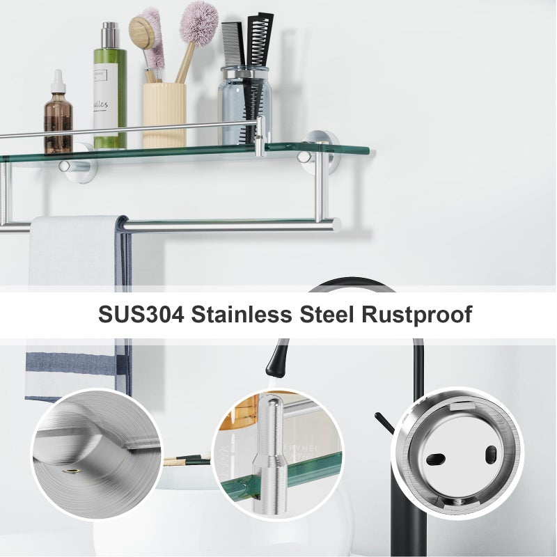 Koco & K KOCOK 20-Inch Tempered Glass Bathroom Shelf with Towel Bar - Brushed Nickel & Stainless Steel, Wall Mount Rustproof Tower Holder with Shelves - Image 3