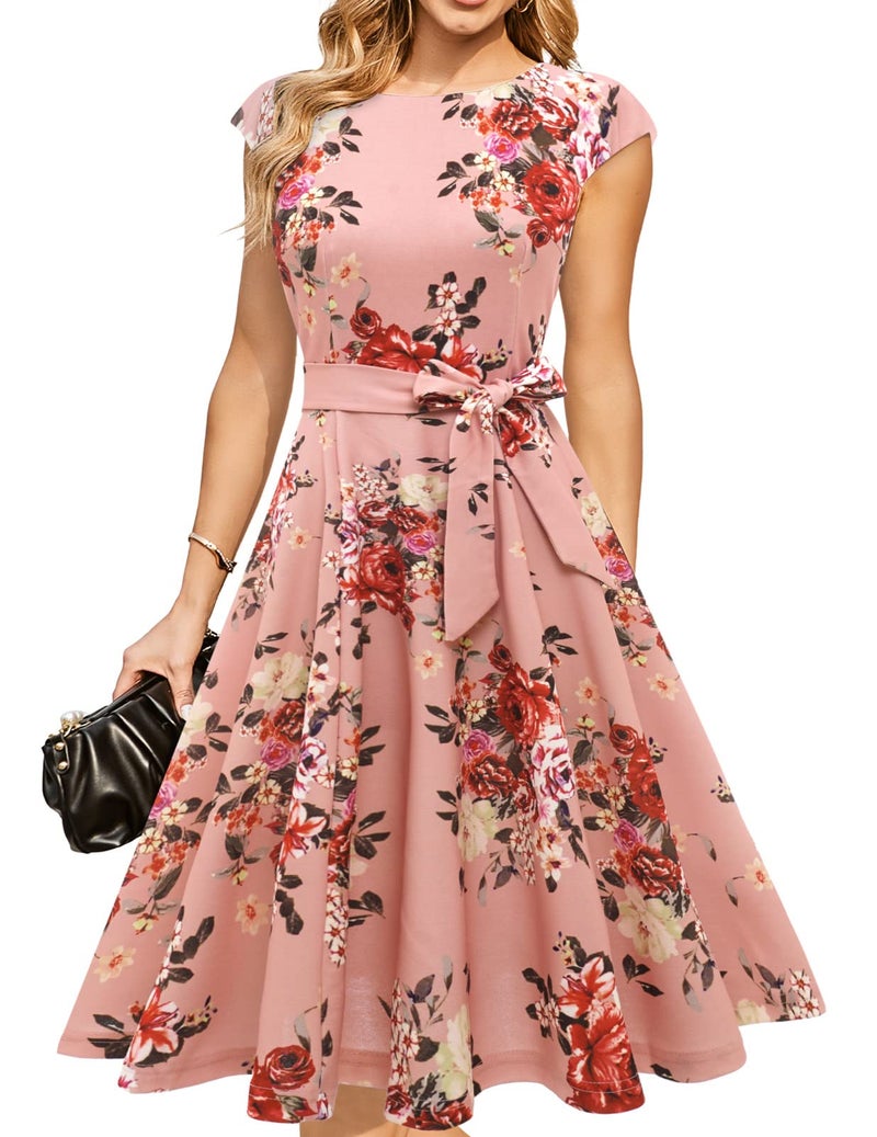 DRESSTELLS Women's Coctail Dresses Semi Formal Floral Wedding Guest Spring Summer Fancy Garden Tea Party Dinner Plus Size Dress Print Blush Flower 3XL - Image 1