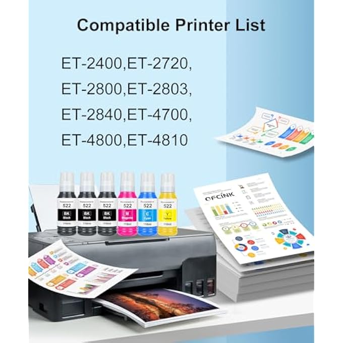 522 HIGH CAPACITY (6 BOTTLES) INK REFILL BOTTLES REMANUFACTURED FOR EPSON 522 INK USE FOR ECOTANK ET-2800, ET-4800, ET-2400, ET-2803, ET-2720, ET-2840, ET-4700 (660ML, NOT SUBLIMATION INK) - Image 3