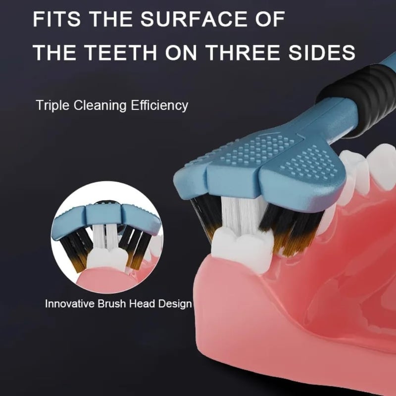 ISTORE 3‑Sided Toothbrush Ultra‑Soft Bristles | Triple‑Head 360° Manual Brush for Plaque Removal & Sensitive Gums | Built‑In Tongue Scraper | Eco‑Friendly BPA‑Free Design | 6Pcs - Image 4