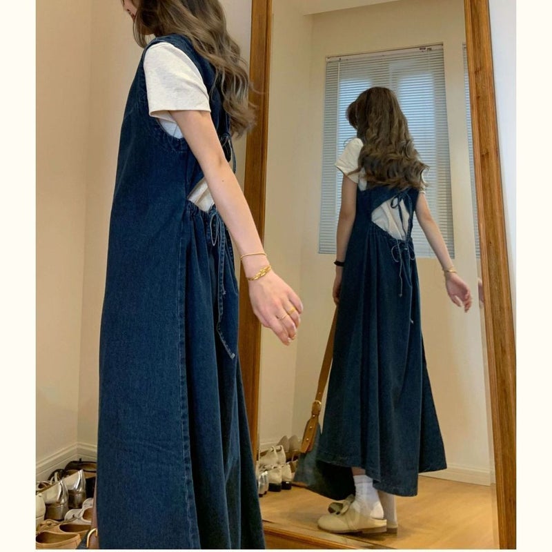 Denim Dress Womens Summer ReTro Backless DrawsTring WaisT VesT Dress Slimming Look Long SkirT WhiTe T-shirT Two-piece SeT WhiTe T-shirT [single piece]