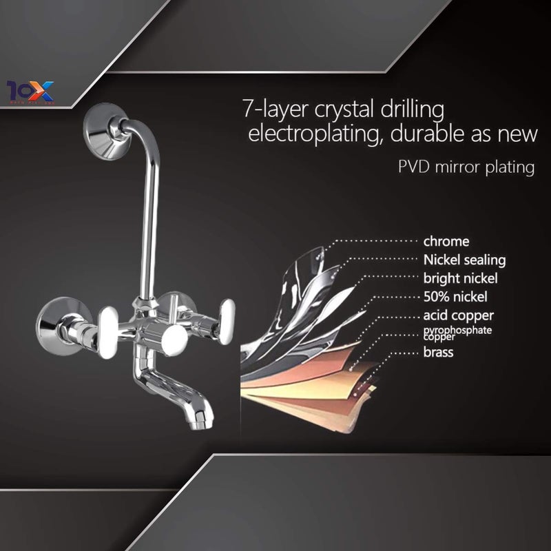 10X Brass Wall Mixer 2 in 1 for Bathroom WM-5502 with Provision for Overhead Shower with Long Bend Pipe Chrome Plated - Image 2