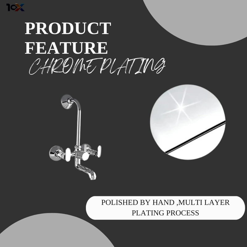 10X Brass Wall Mixer 2 in 1 for Bathroom WM-5502 with Provision for Overhead Shower with Long Bend Pipe Chrome Plated - Image 5