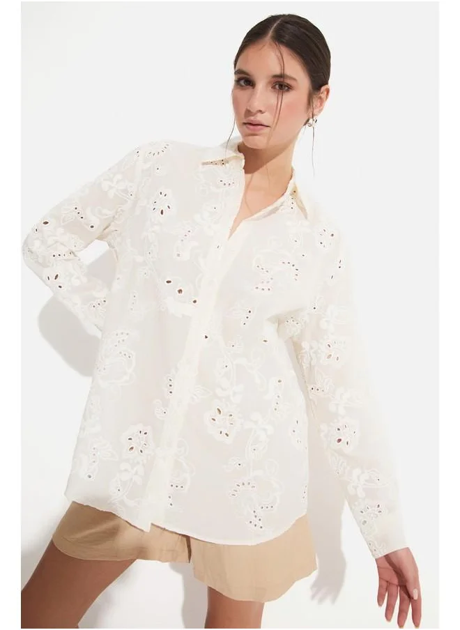 جون June Women Exclusive Oversize/Loose Fit 100% Cotton Embroidered Shirt Ecru