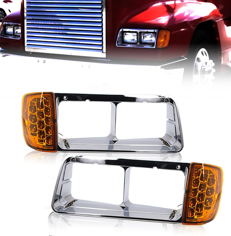 Torque Headlight Bezel PAIR Replacement for 1989-2002 Freightliner FLD semi Trucks with Amber LED Turn Signal Light Assembly DOT SAE Approved Driver Left Passenger Right Side Set 3 Wires (TR039) - Image 1