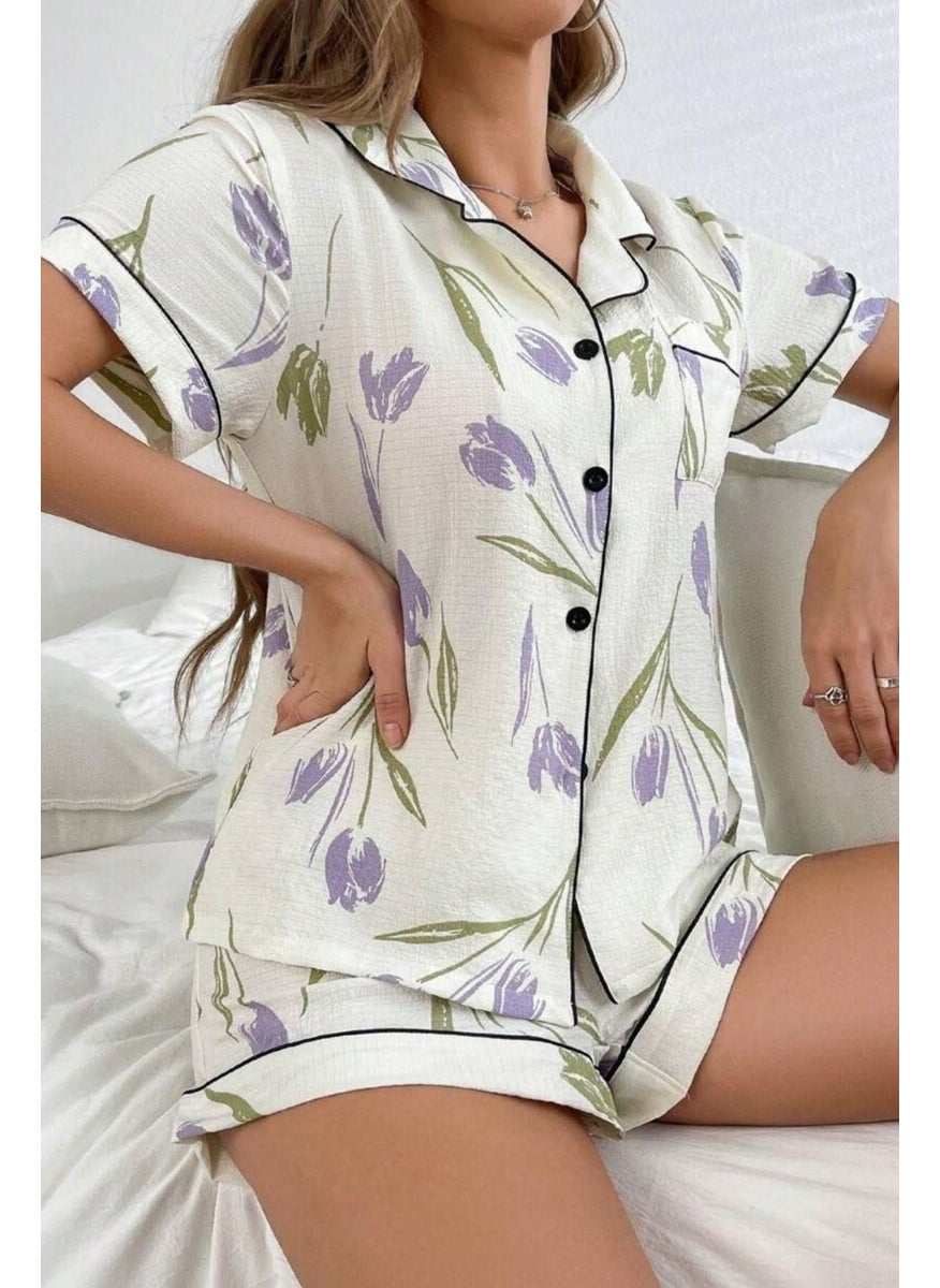 Bella Notte White-Lilac Tulip Breeze Shorts and Shirt Pajama Set  - Image 3