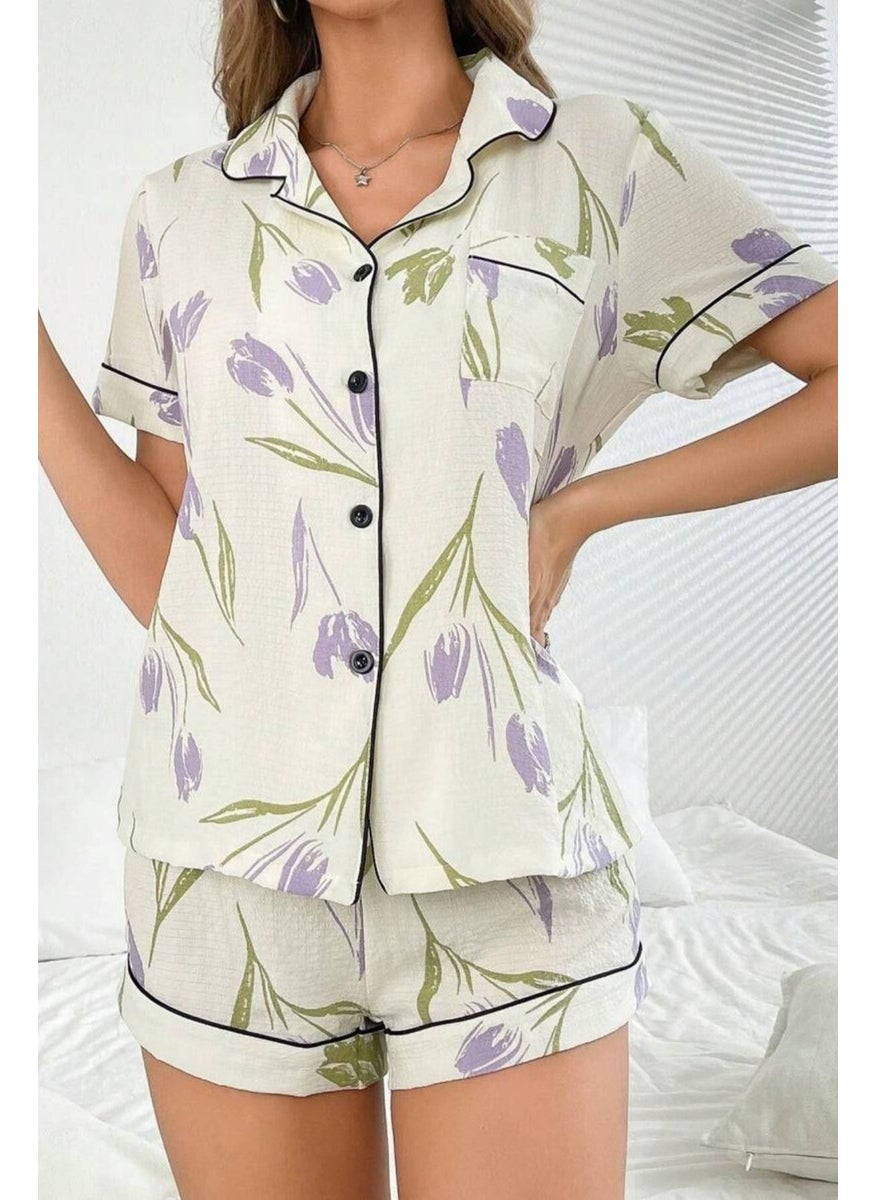 Bella Notte White-Lilac Tulip Breeze Shorts and Shirt Pajama Set  - Image 4