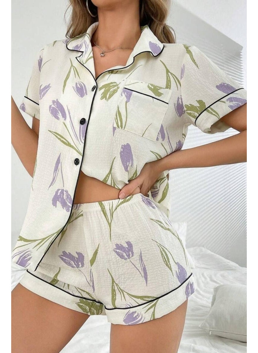 Bella Notte White-Lilac Tulip Breeze Shorts and Shirt Pajama Set  - Image 1