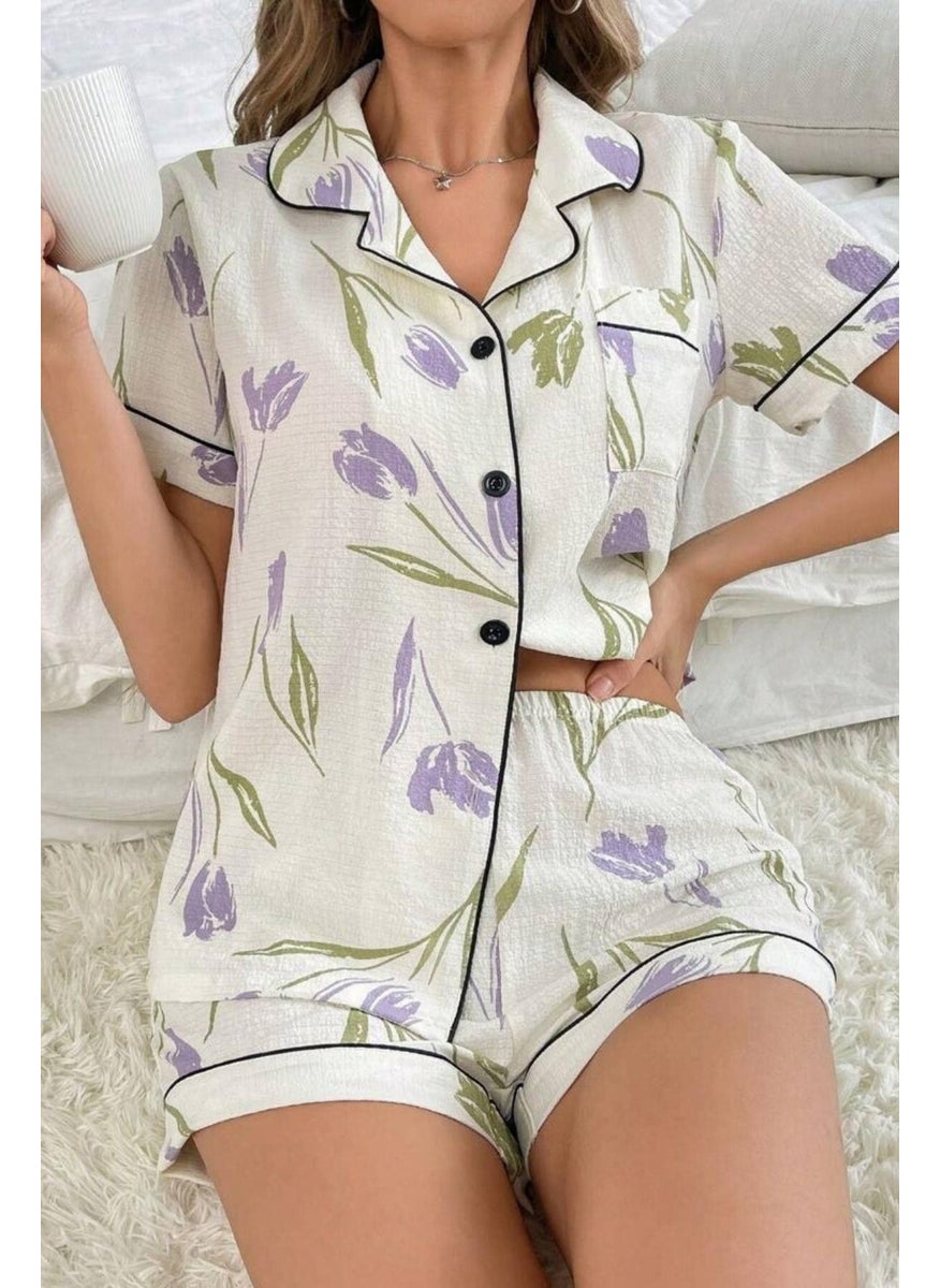 Bella Notte White-Lilac Tulip Breeze Shorts and Shirt Pajama Set  - Image 2