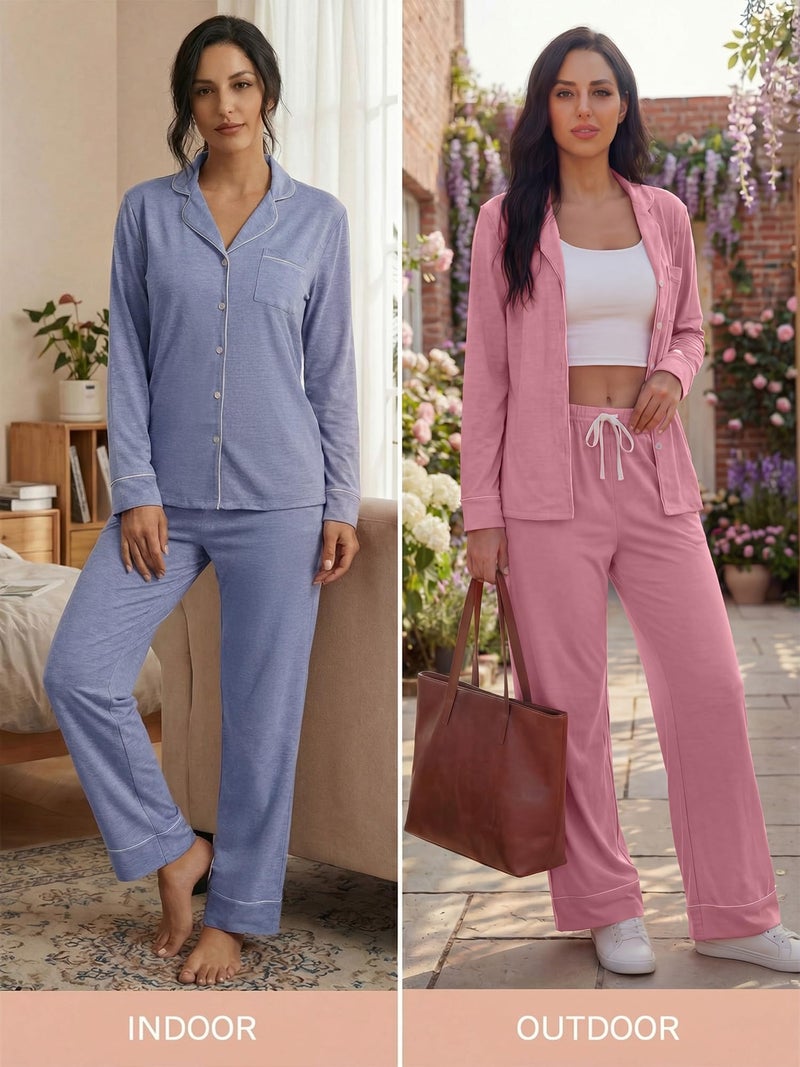 Simlakey 2 Pack Womens Pajama Sets Long Sleeve Button Down Sleepwear 2 Piece Soft Warm Notch Collar Nightwear Pjs Lounge Set (Pink/blue,Medium) - Image 2