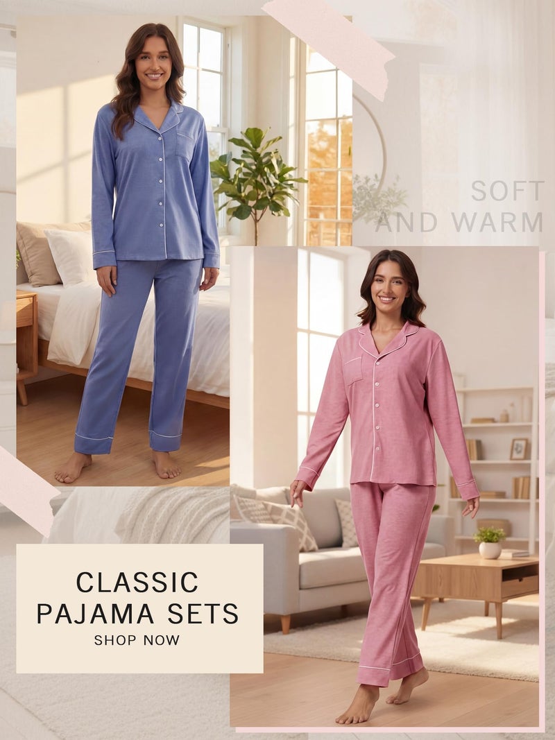 Simlakey 2 Pack Womens Pajama Sets Long Sleeve Button Down Sleepwear 2 Piece Soft Warm Notch Collar Nightwear Pjs Lounge Set (Pink/blue,Medium) - Image 3
