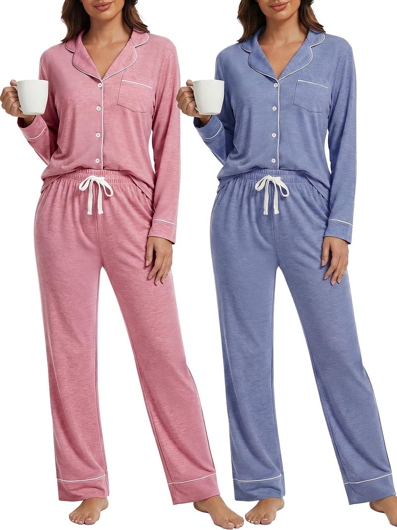 Simlakey 2 Pack Womens Pajama Sets Long Sleeve Button Down Sleepwear 2 Piece Soft Warm Notch Collar Nightwear Pjs Lounge Set (Pink/blue,Medium) - Image 1