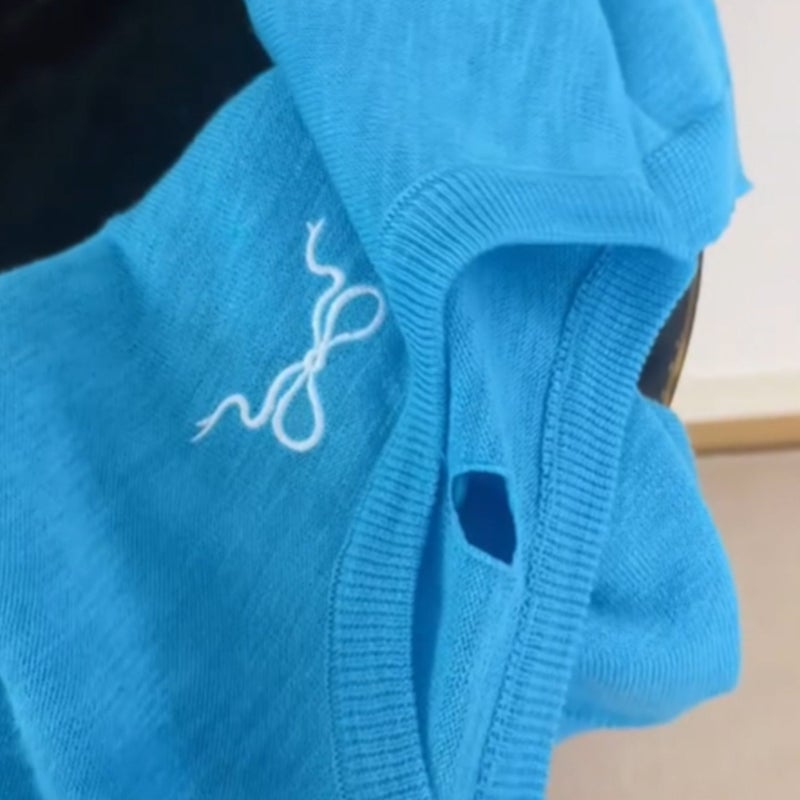 Women's Sea Salt Blue Hollow-out Short Sleeve Knit Top - Image 4