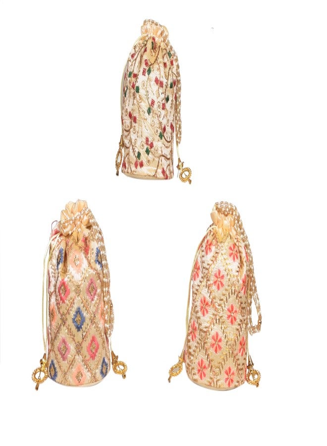 SuneshCreation Traditional Potli Bag, Embroidered with Beads and Sequins, Golden With Multicolour Motifs, Gold Drawstring, Wedding Party Festive Clutch (multicolour) - Image 4