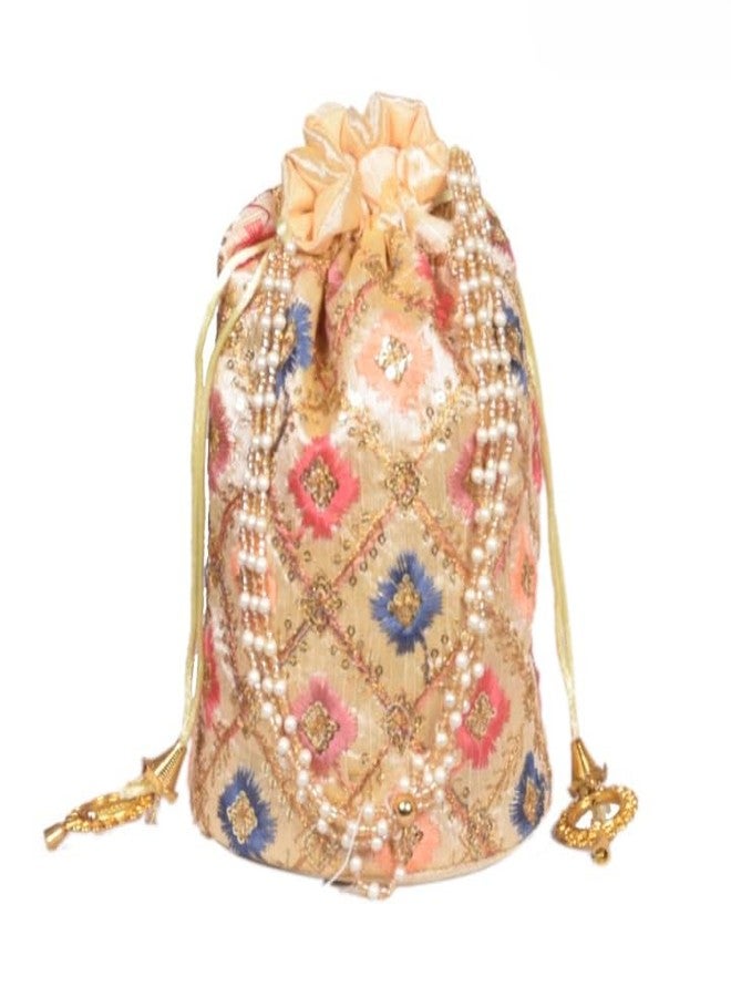 SuneshCreation Traditional Potli Bag, Embroidered with Beads and Sequins, Golden With Multicolour Motifs, Gold Drawstring, Wedding Party Festive Clutch (multicolour) - Image 1