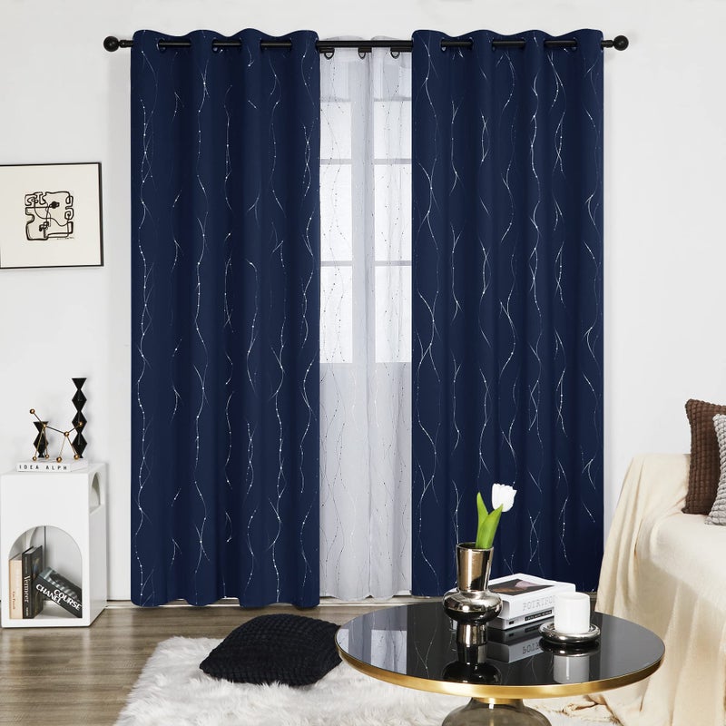 Deconovo Blackout Curtains, Navy Blue Thermal Insulated Grommet Drapes, Silver Wave Dots Foil Print, Room Darkening Drapes, 52" W x 84" L, 2 Panels, for Bedroom Living Room - Image 2