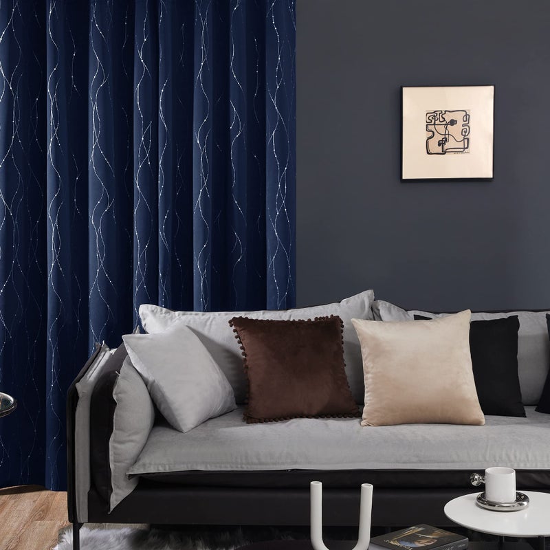 Deconovo Blackout Curtains, Navy Blue Thermal Insulated Grommet Drapes, Silver Wave Dots Foil Print, Room Darkening Drapes, 52" W x 84" L, 2 Panels, for Bedroom Living Room - Image 4