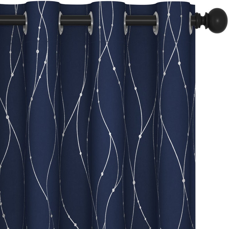 Deconovo Blackout Curtains, Navy Blue Thermal Insulated Grommet Drapes, Silver Wave Dots Foil Print, Room Darkening Drapes, 52" W x 84" L, 2 Panels, for Bedroom Living Room - Image 1