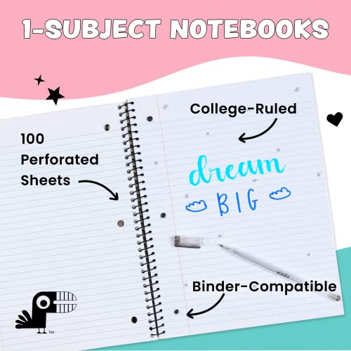 Yoobi College Ruled 8 x 10.5” Spiral Notebook Set – Bulk 6-Pack of 1 Subject Notebooks, Variety of Cute Designs – 100 Perforated 3-Hole Punched Sheets, For School, Office & Home - Image 2