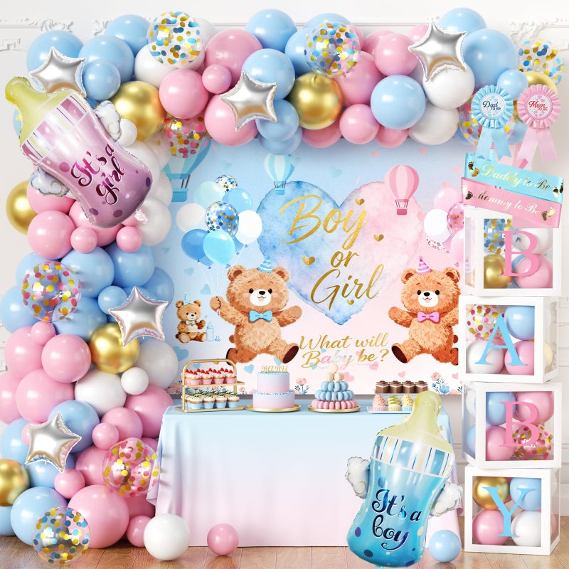 GAILROSO Bear Gender Reveal Baby Shower Decorations Party Kit,167pcs Pink Blue Balloon Garland Arch,Backdrop,Balloon Boxes,and Cute Gender Reveal Supplies for Boy or Girl Baby Shower,Gender Reveal Party - Image 1