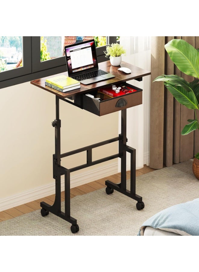 Adjustable Height Standing Desk with Drawer, Rolling Sit-Stand Computer Desk on Wheels, Small Mobile Desk for Laptop & Walking Pad Treadmill