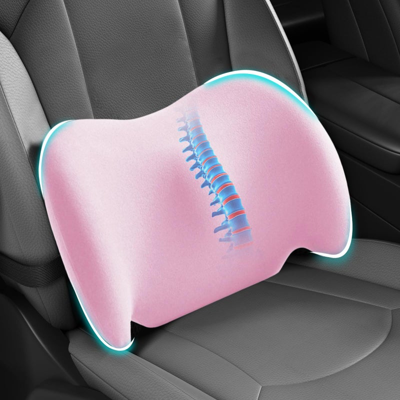 BYMECOST Lumbar Support Pillow for Car, Memory Foam Car Seat Back Support Pillow for Driving, Back Cushion with Strap for Pain Relief, Ergonomic Back Cushion for Office Chair, Wheelchair (Pink) - Image 1