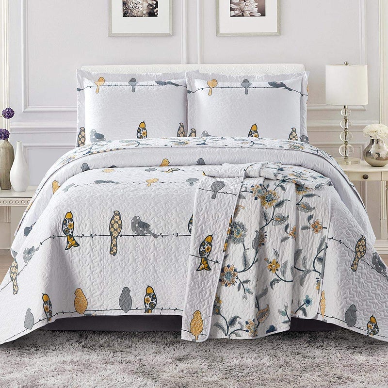Royal Hotel Bedding Royal Hotel Bedding Ayat Birds Oversized Coverlet Set Luxury Printed Design Quilt Bedspread Set  Filled Quilts  Fits Pillow top Mattresses  3PC Set  King  Cal King Size 