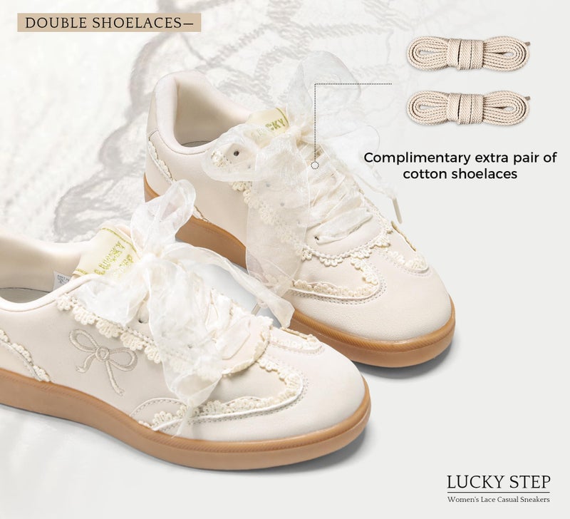 LUCKY STEP Womenâ€™s Lace Detail Casual Sneakers Organza Ribbon Lace-Up Fashion Vintage Gum Sole Trendy Cute Shoes(Off-White,8.5) - Image 5