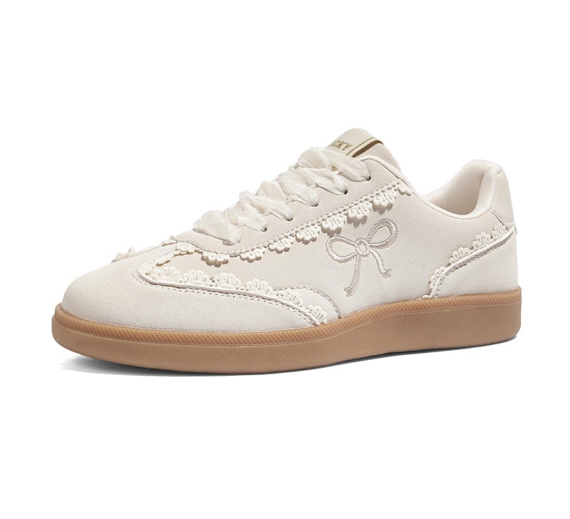 LUCKY STEP Womenâ€™s Lace Detail Casual Sneakers Organza Ribbon Lace-Up Fashion Vintage Gum Sole Trendy Cute Shoes(Off-White,8.5) - Image 1
