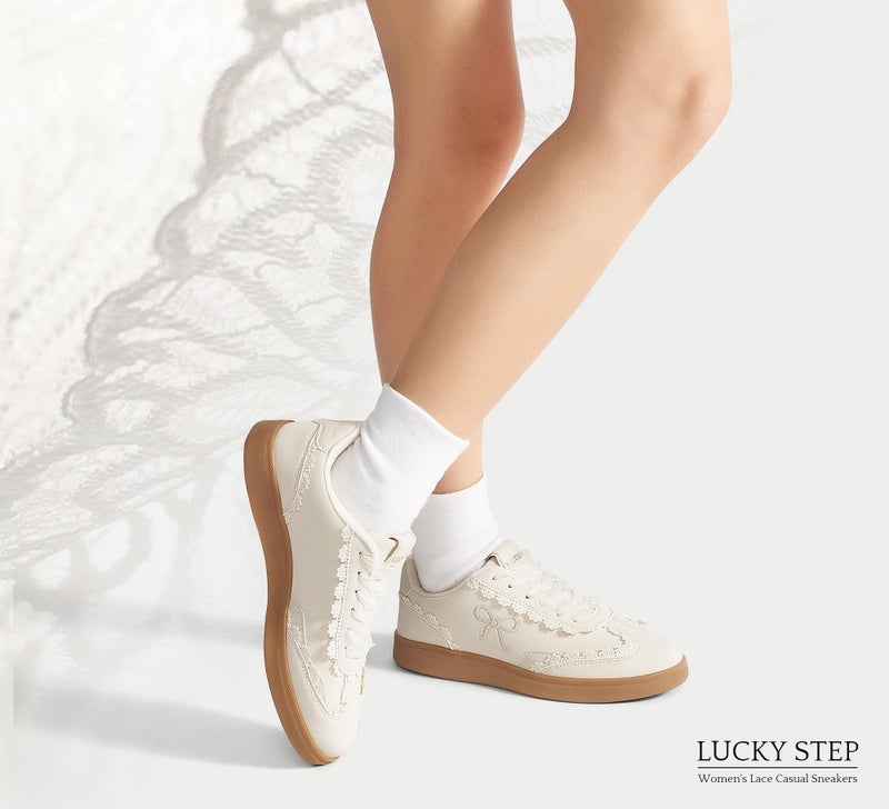 LUCKY STEP Womenâ€™s Lace Detail Casual Sneakers Organza Ribbon Lace-Up Fashion Vintage Gum Sole Trendy Cute Shoes(Off-White,8.5) - Image 3