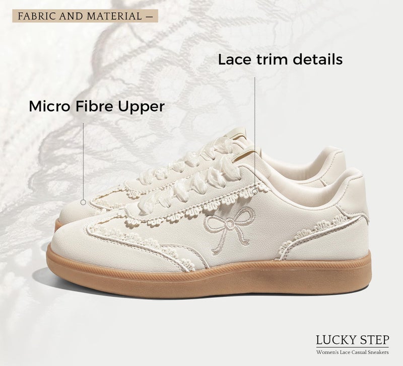 LUCKY STEP Womenâ€™s Lace Detail Casual Sneakers Organza Ribbon Lace-Up Fashion Vintage Gum Sole Trendy Cute Shoes(Off-White,8.5) - Image 4