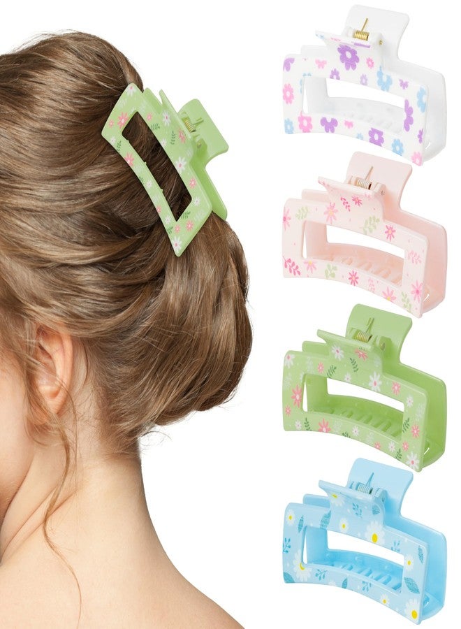 PANTIDE 4Pcs Spring Summer Floral Hair Claw Clips for Women Girls - Cute Flowers Rectangle Nonslip Banana Hair Clips, Thin Thick Short Long Curly Hair Accessories, Holiday Party Birthday Gift - Image 1