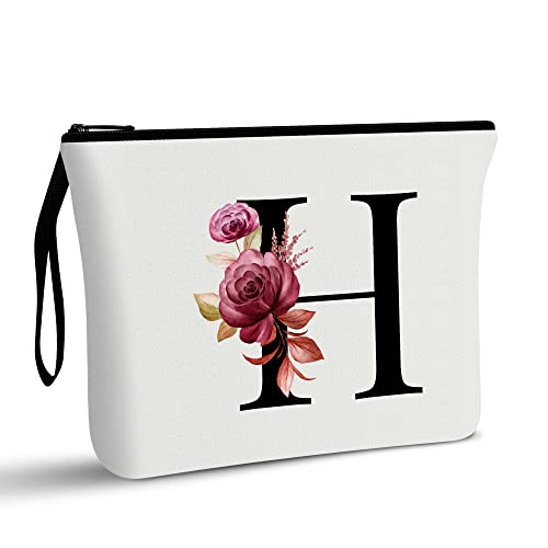 Vavabox A-Z Personalized Makeup Bag, Birthday Gifts for Women Mom, Gifts for Best Friend, Bride Bridesmaid Cosmetic bag (H, White) - Image 1