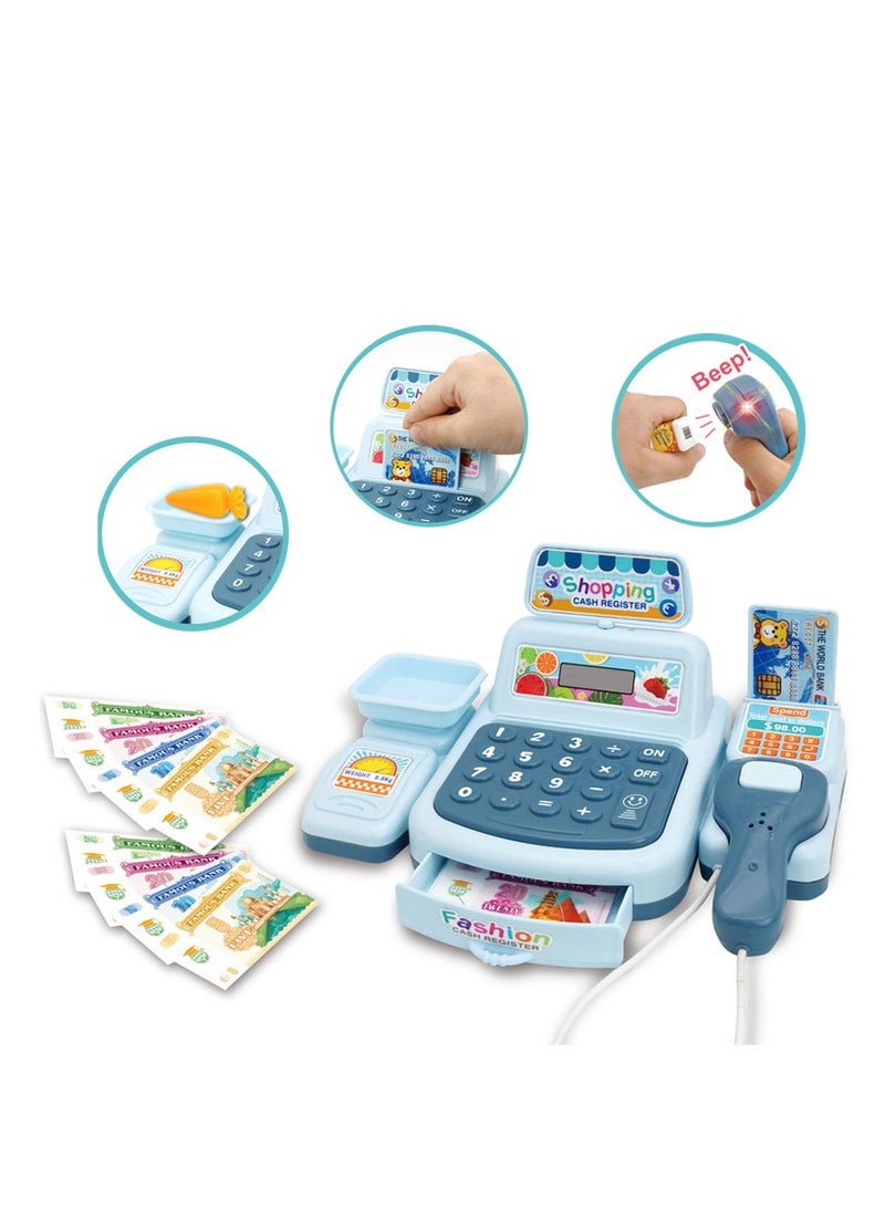 Blue Pretend Play Cash Register Toy with Realistic Sounds & Lights, Multi-Functional Electronic Learning Toy for Kids Role Play  - Image 4