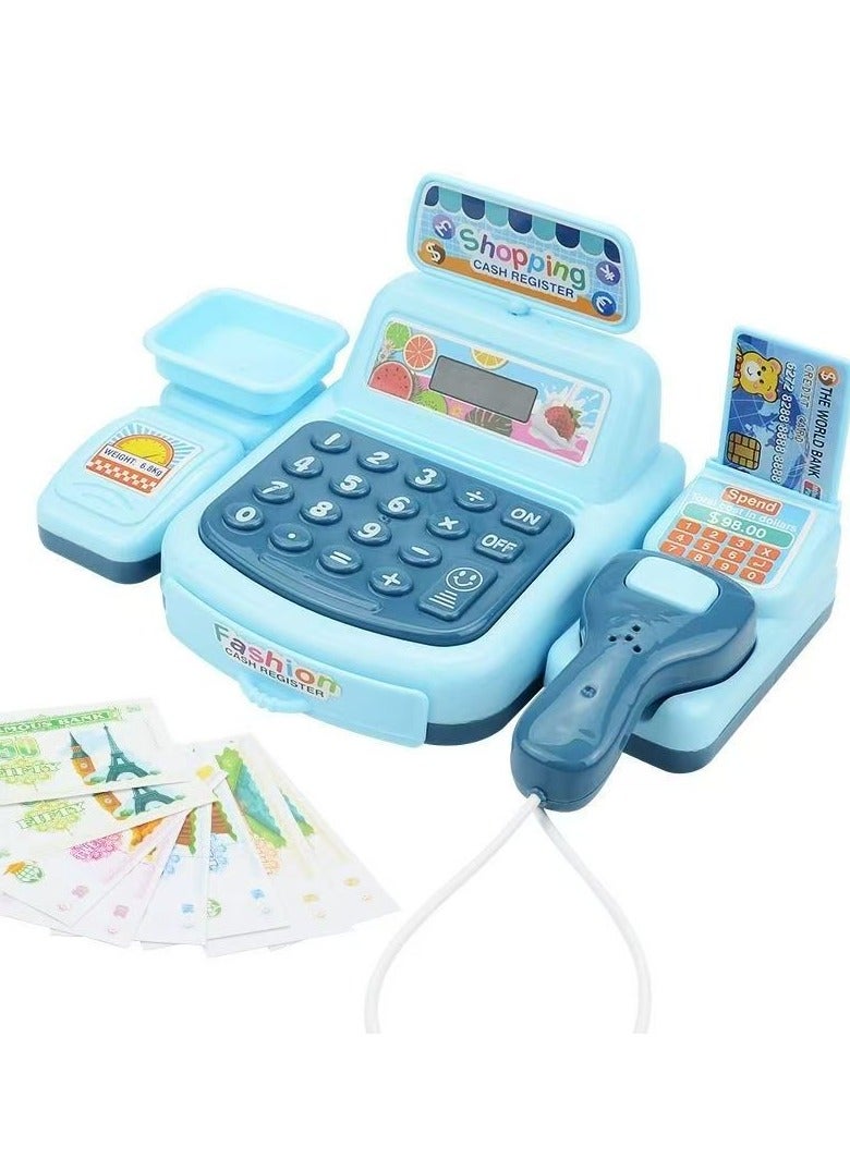Blue Pretend Play Cash Register Toy with Realistic Sounds & Lights, Multi-Functional Electronic Learning Toy for Kids Role Play  - Image 1