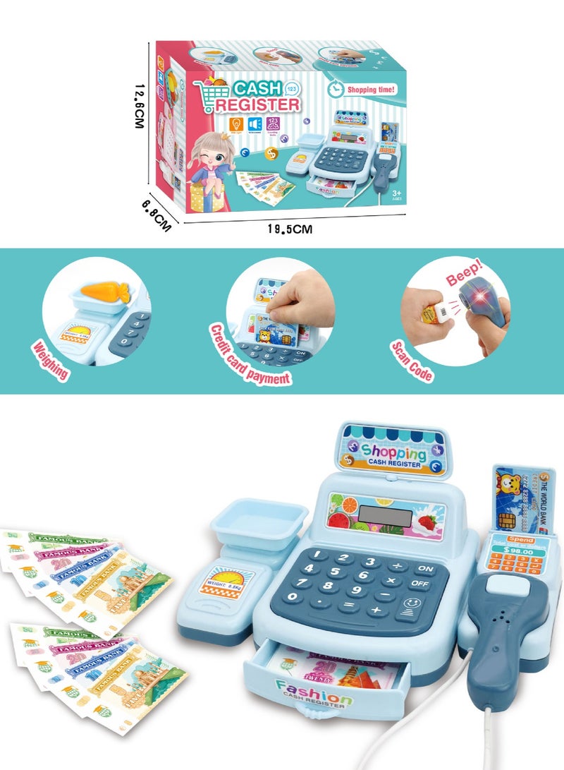 Blue Pretend Play Cash Register Toy with Realistic Sounds & Lights, Multi-Functional Electronic Learning Toy for Kids Role Play  - Image 3