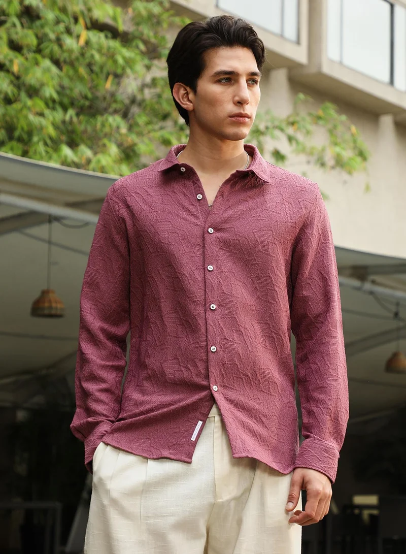 Campus Sutra Campus Sutra Men's Rouge Pink Geo-Abstract Jacquard Shirt | Spread Collar , Long  Cuffed Sleeves , Button Closure | Solid Jacquard | Cotton-Blend Shirt For Casual Wear