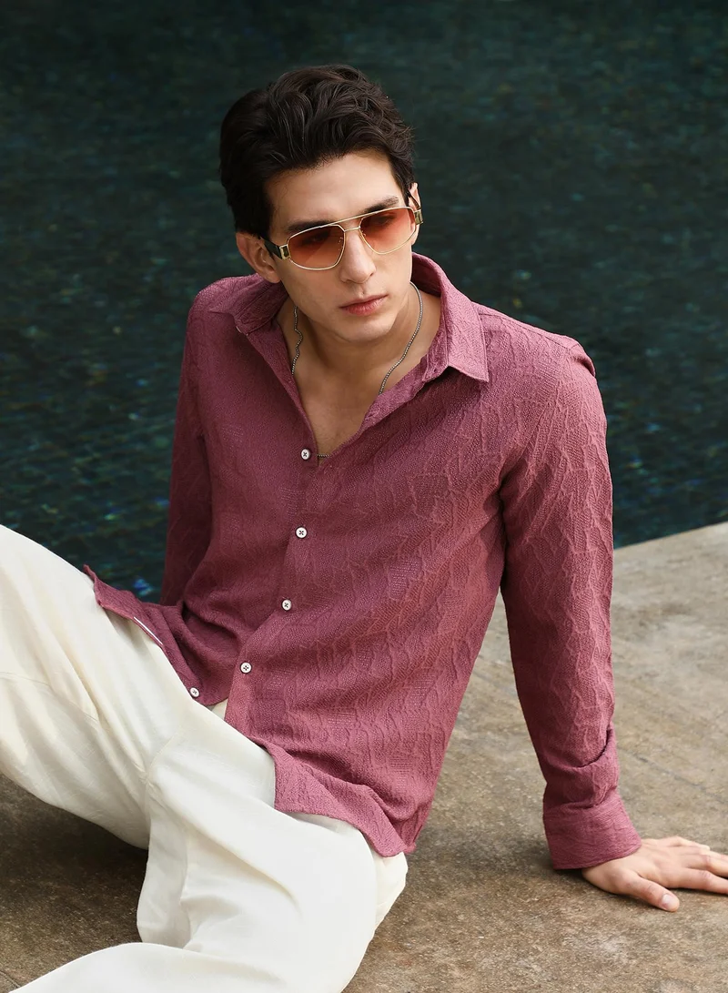 Campus Sutra Campus Sutra Men's Rouge Pink Geo-Abstract Jacquard Shirt | Spread Collar , Long  Cuffed Sleeves , Button Closure | Solid Jacquard | Cotton-Blend Shirt For Casual Wear