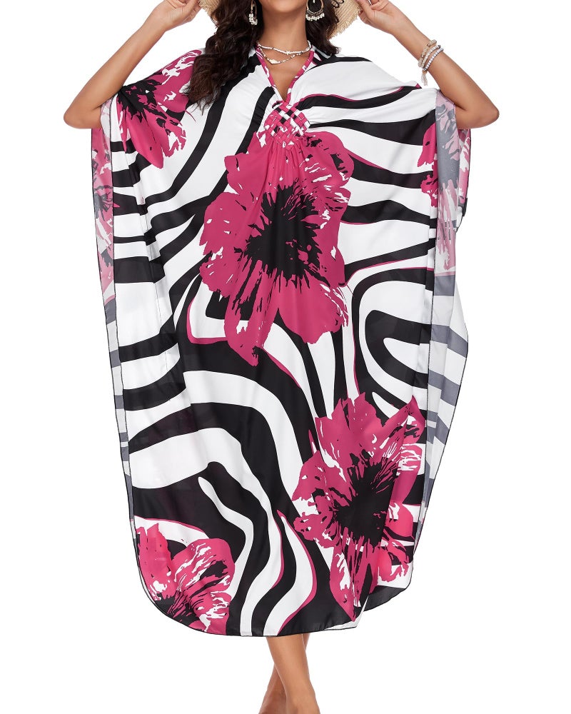 JILUVIN Kaftan Dresses for Women Plus Size V Neck Caftans Long Batwing Sleeve Beach Cover Ups Summer Floral Print Dress (Rosy Red Flower,One Size) - Image 5