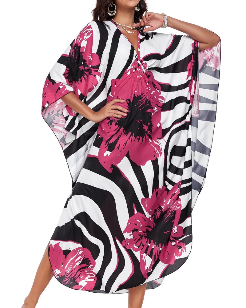 JILUVIN Kaftan Dresses for Women Plus Size V Neck Caftans Long Batwing Sleeve Beach Cover Ups Summer Floral Print Dress (Rosy Red Flower,One Size) - Image 3