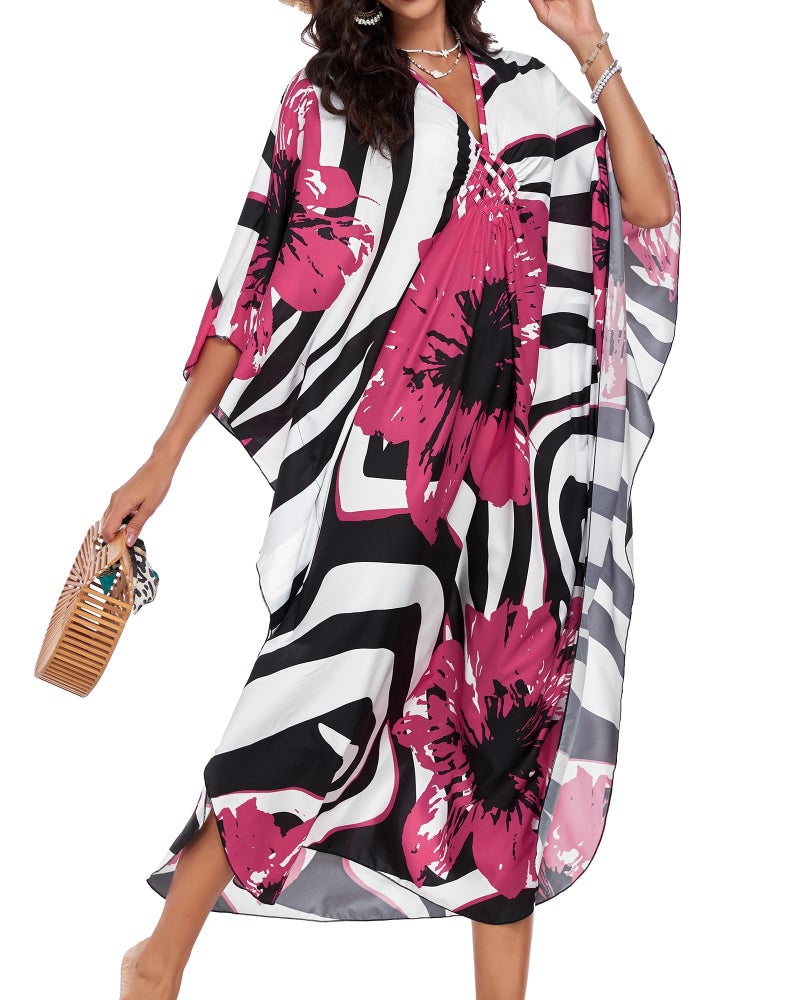 JILUVIN Kaftan Dresses for Women Plus Size V Neck Caftans Long Batwing Sleeve Beach Cover Ups Summer Floral Print Dress (Rosy Red Flower,One Size) - Image 2