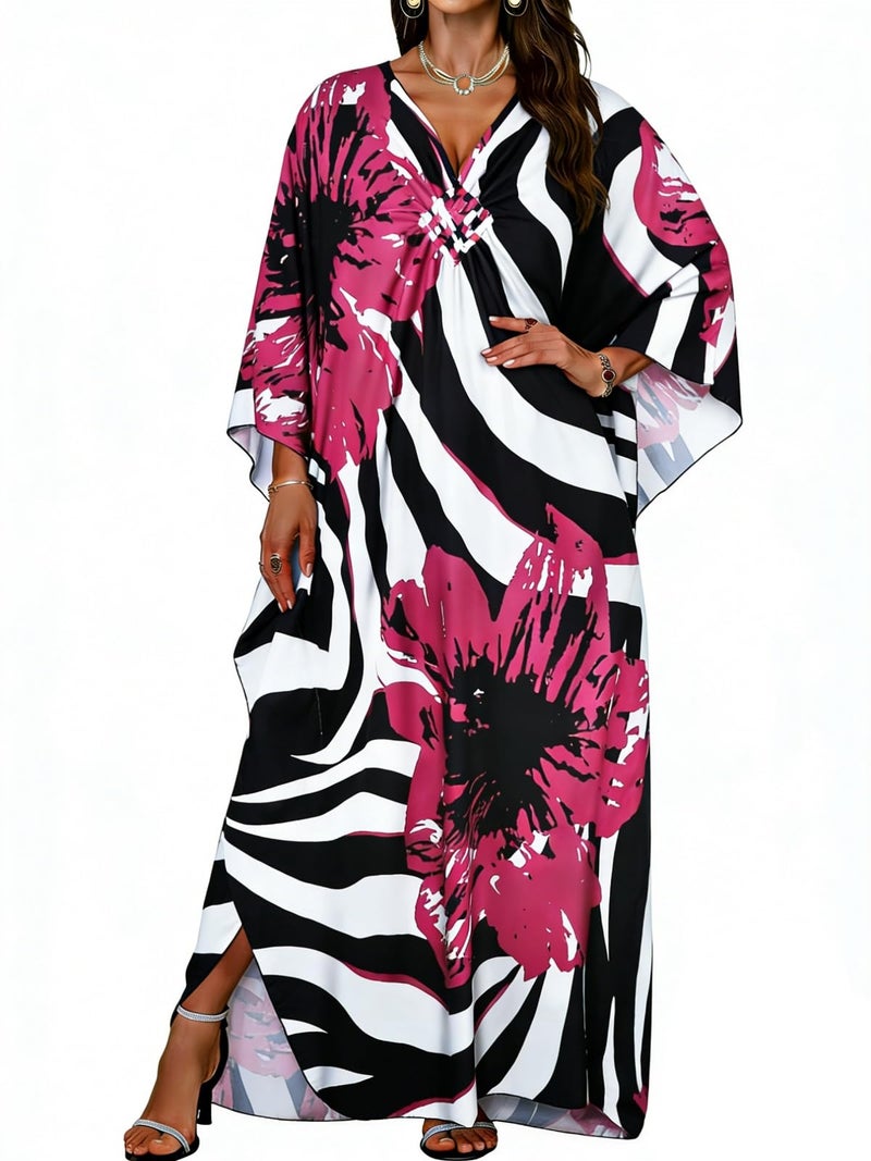 JILUVIN Kaftan Dresses for Women Plus Size V Neck Caftans Long Batwing Sleeve Beach Cover Ups Summer Floral Print Dress (Rosy Red Flower,One Size) - Image 1