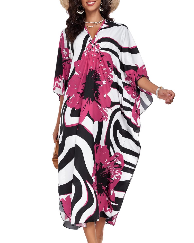 JILUVIN Kaftan Dresses for Women Plus Size V Neck Caftans Long Batwing Sleeve Beach Cover Ups Summer Floral Print Dress (Rosy Red Flower,One Size) - Image 4